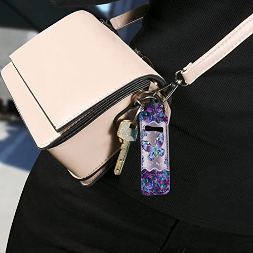 פרפר נוצץ כחול בולופור Chapstick Holder Keychains Clip-on Chapstick Sleeve Pouch Lipstick Holder Keychain Lip Balm Holder Key Chain for Travel Accessories